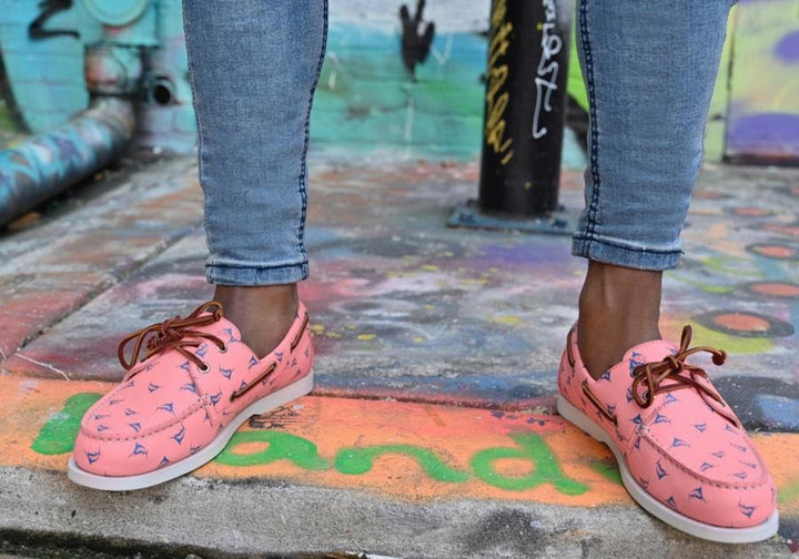 Man wearing pink boat shoes