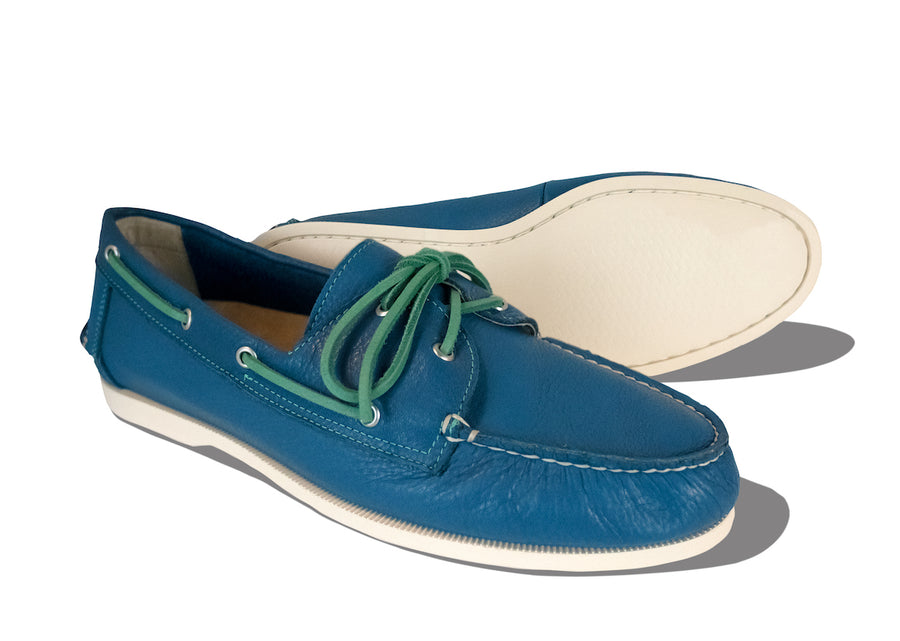 pebbled blue leather boat shoes outsole