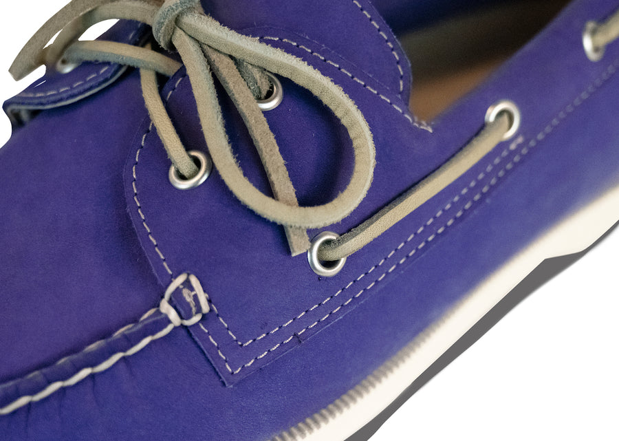 royal purple leather boat shoes detail