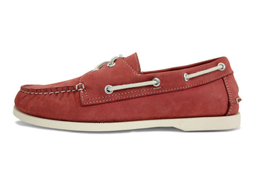 salmon red boat shoes side
