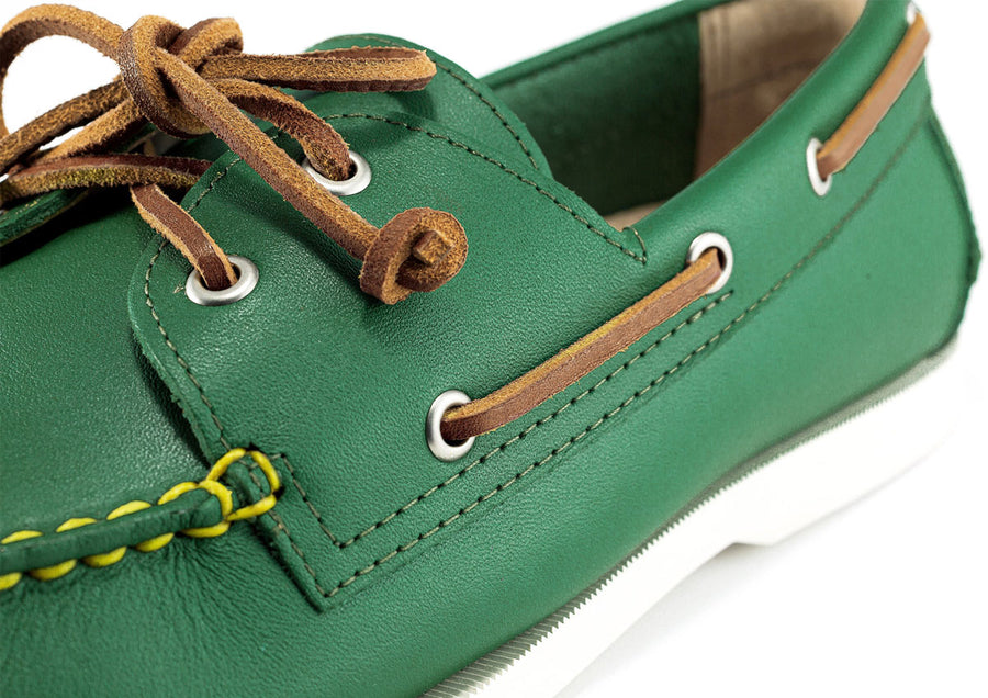 kelly green leather boat shoes detail